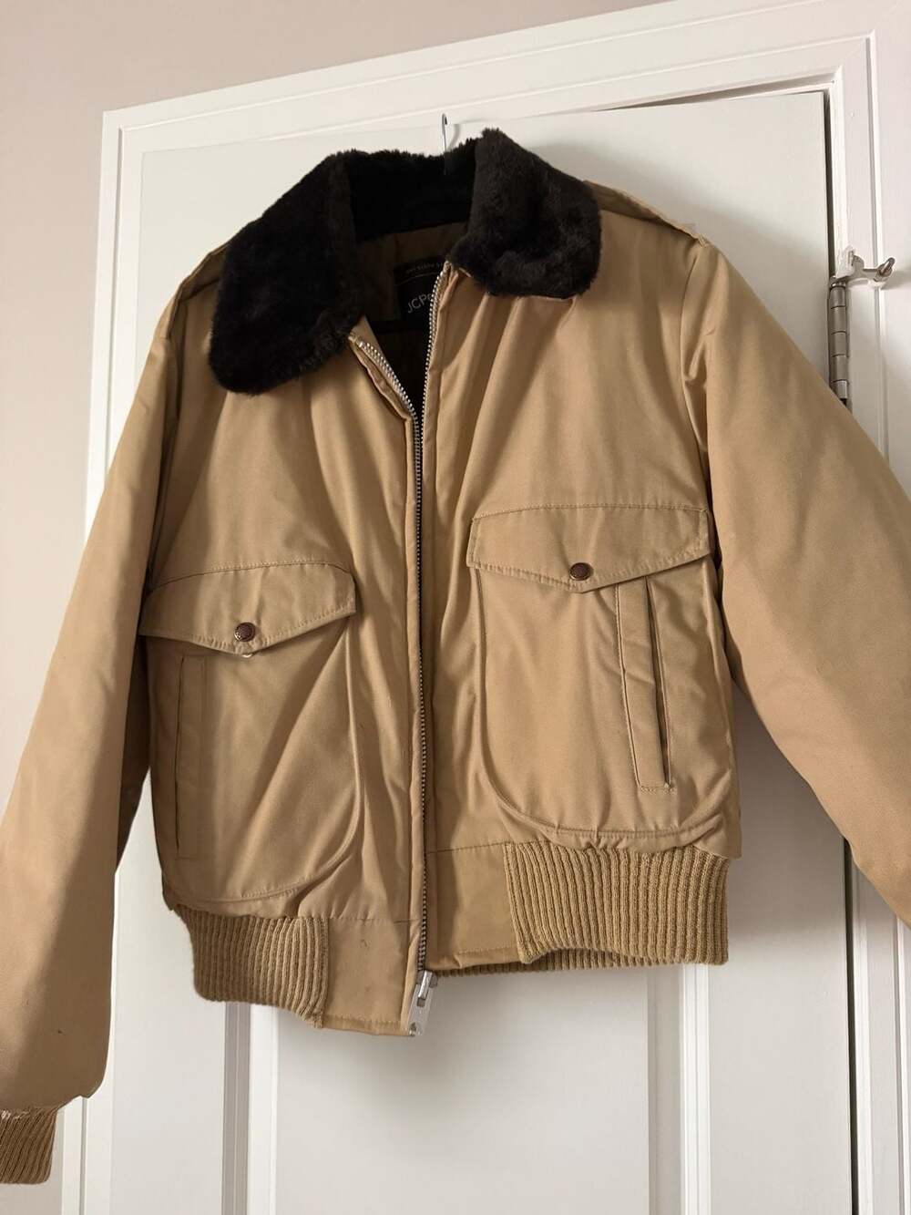 Vintage JCPenney Tan Quilted Bomber Jacket with Faux Fur Collar and Talon Zipper